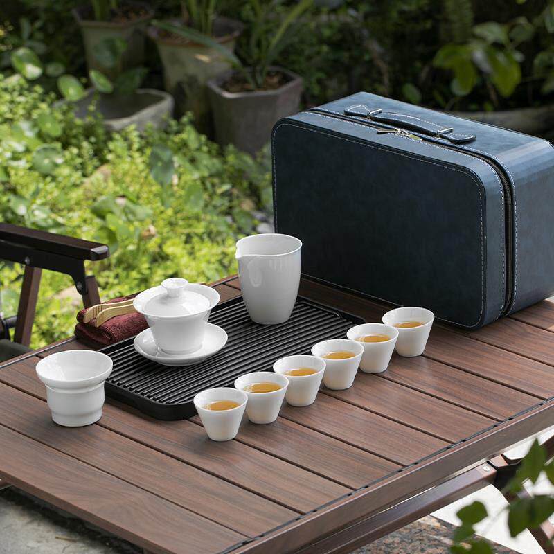 德化器记白瓷功夫茶具小茶盘套装便捷旅行陶瓷茶具盖碗玻璃冲茶器