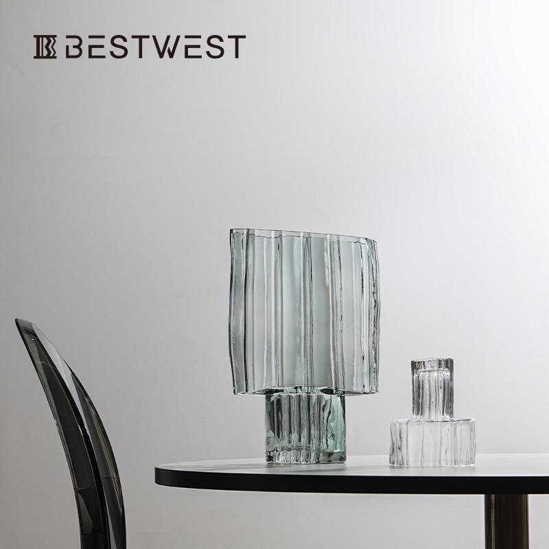 Best west 北欧冷灰色透明竖纹水培玻璃花瓶家居客厅装饰花器