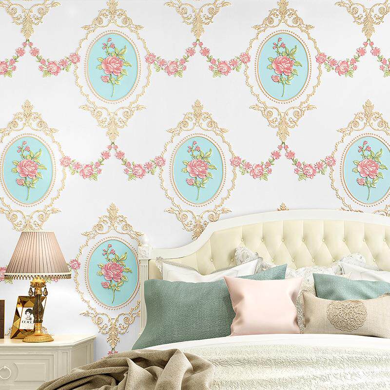欧式田园无纺布3d墙纸镜子小碎花清新美式卧室客厅电视背景墙壁纸