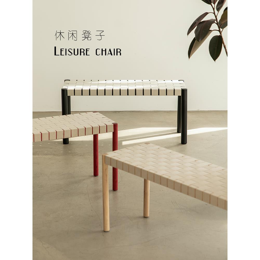 中世纪编织亚麻实木换鞋凳设计师创意家居客厅入口门凳床边凳