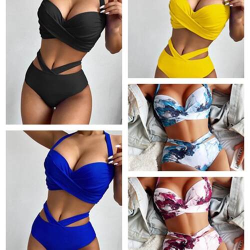 Bikini Split Swimsuit Steel Bracket Printed High Waist