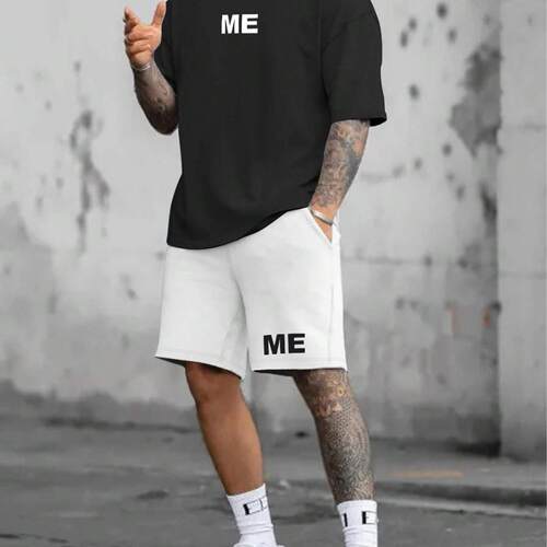 Men Sleeve Shirt Cargo Shorts Set Regular Casual Round Neck