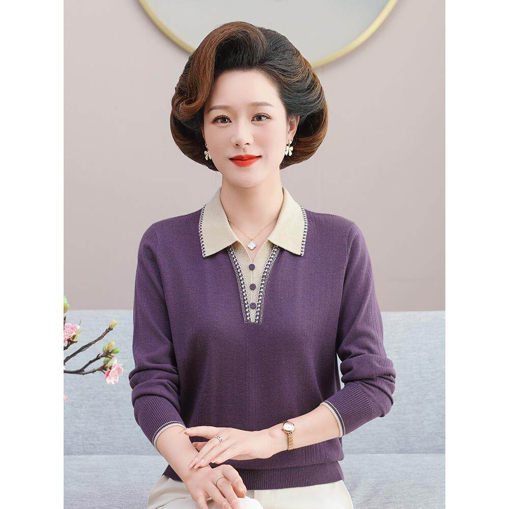 妈妈款秋装长袖t恤中年女翻领打底衫50-60岁中老年人春秋薄上衣服