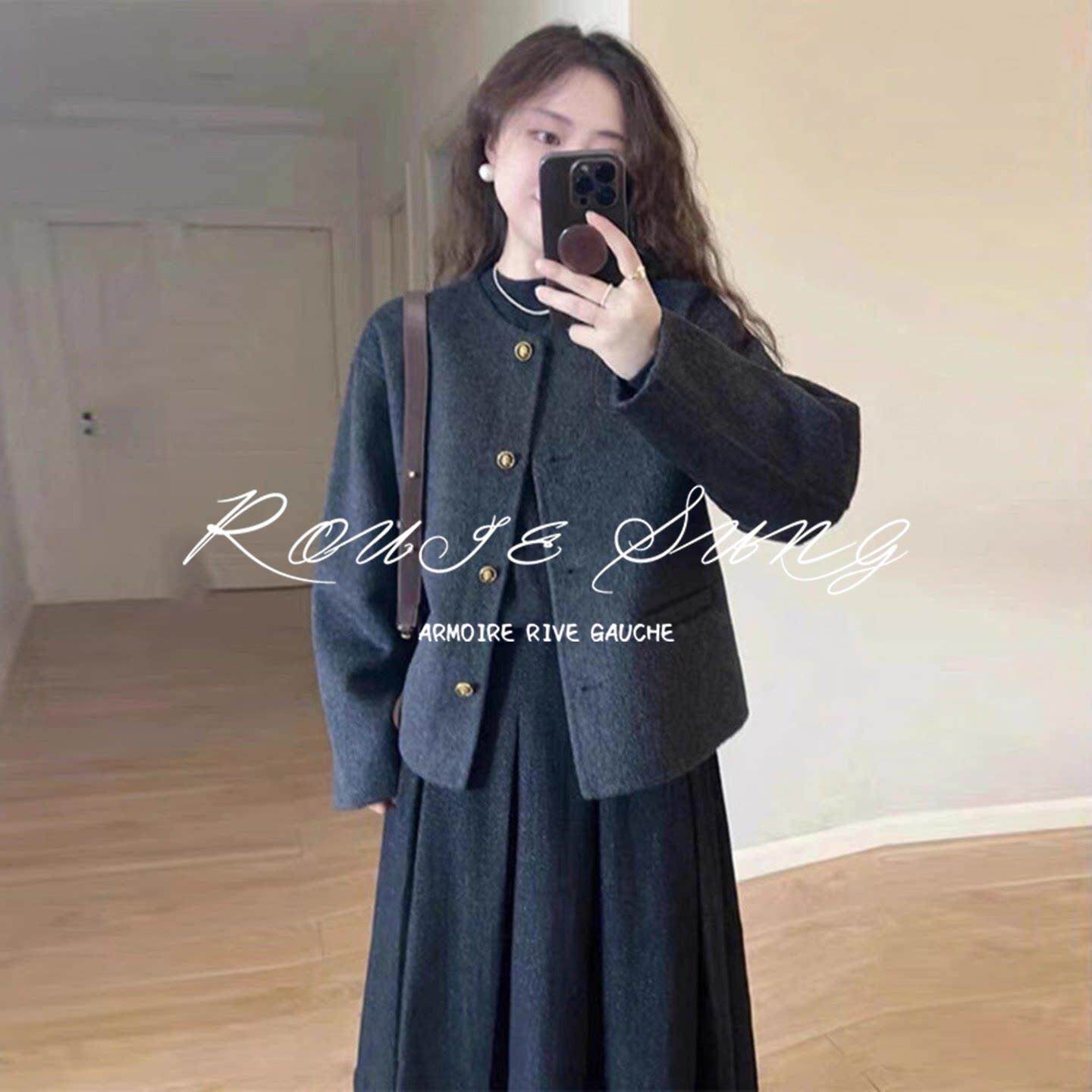 ROUJE SUNG小香风呢子大衣女春秋新款独特超好看加厚短款毛呢外套