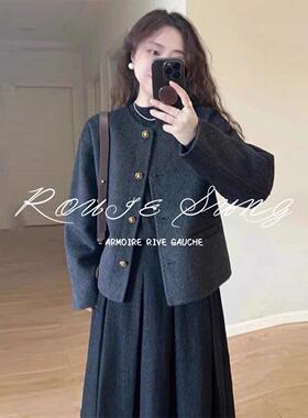 ROUJE SUNG小香风呢子大衣女春秋新款独特超好看加厚短款毛呢外套