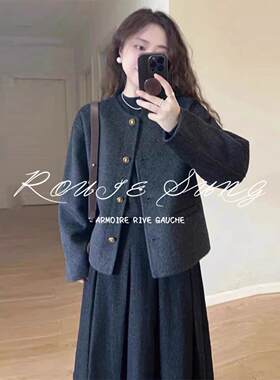 ROUJE SUNG小香风呢子大衣女春秋新款独特超好看加厚短款毛呢外套