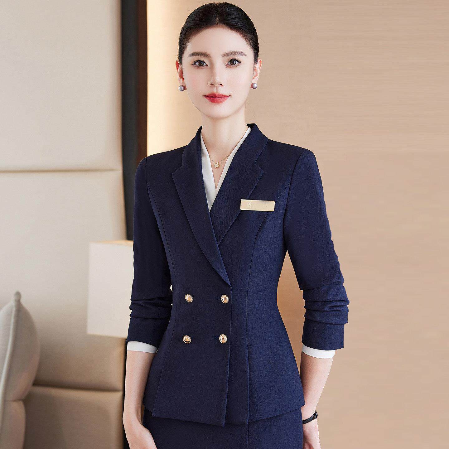 深蓝色西装女秋冬美容院工作服高端职业套装珠宝酒店前台接待工装