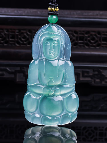 天然真品翡翠冰种蓝水天空蓝满色高端闪拍正装观音玉石吊坠22.18g