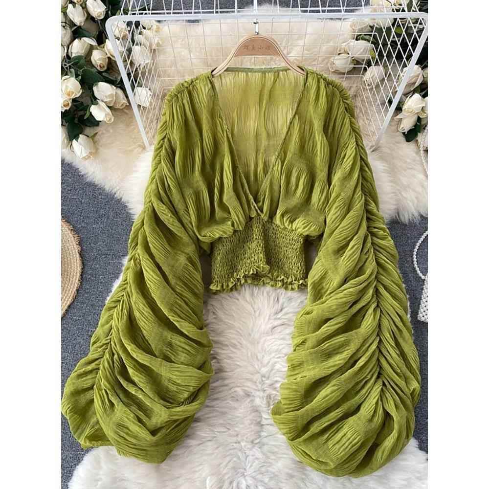 Summer Sexy Draped Chiffon Blouse For Women Elegant V-Ne新款