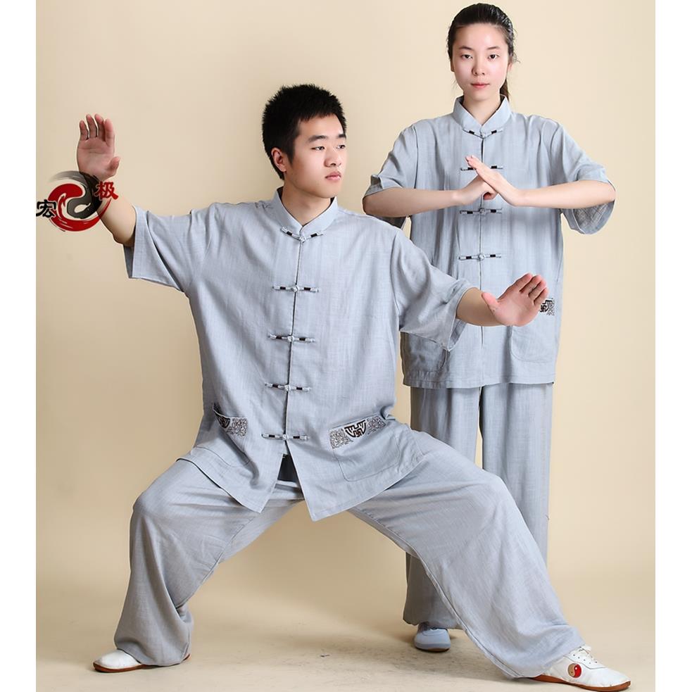 新刺宏极太极服男亚麻棉麻女绣花春夏绣练晨练服中老年武术服功新