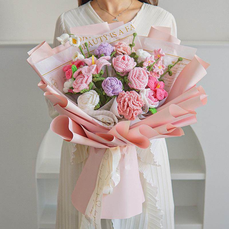 手工编织毛线花束成品牡丹混搭仿真花礼品精美假花带包装发货