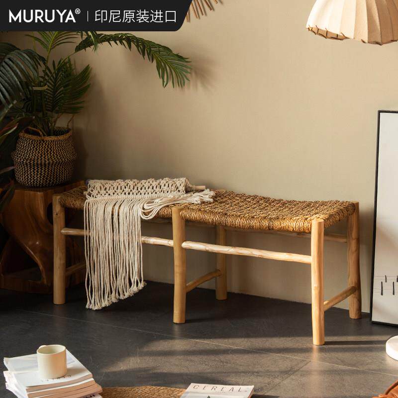 印尼进口长凳实木藤编家用长板凳北欧餐椅ins换鞋凳民宿床尾凳子