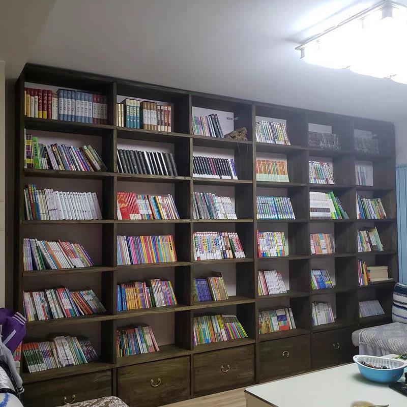 北方老榆木书架满墙书柜简约落地书架整墙隔断吊柜实木格子架定制图片