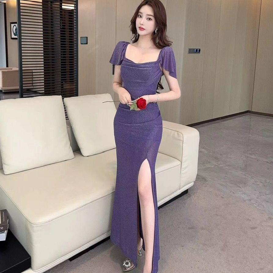 性感高开叉包臀显身材夜店会所柔式技师长裙新款气质低胸连衣裙
