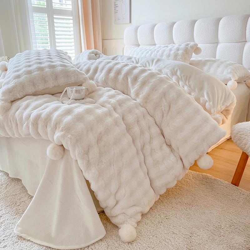 新款超仙ins奶油兔兔绒件套双风面牛奶珊瑚床绒床上被套四冬季床