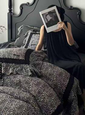 法式复古风全棉色织提花四件套黑色豹纹花边床品轻奢被套纯棉床笠