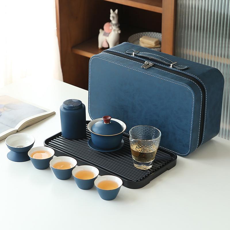 粗陶多色盖碗茶具旅行小套装便携户外简约功夫茶具带茶盘一碗四杯