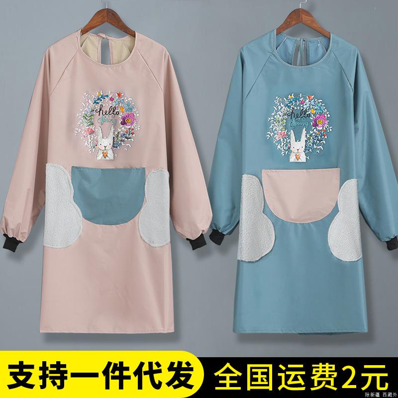 长袖可擦手围裙女家用厨房防水防油工作服罩衣大人做饭围腰卡通网