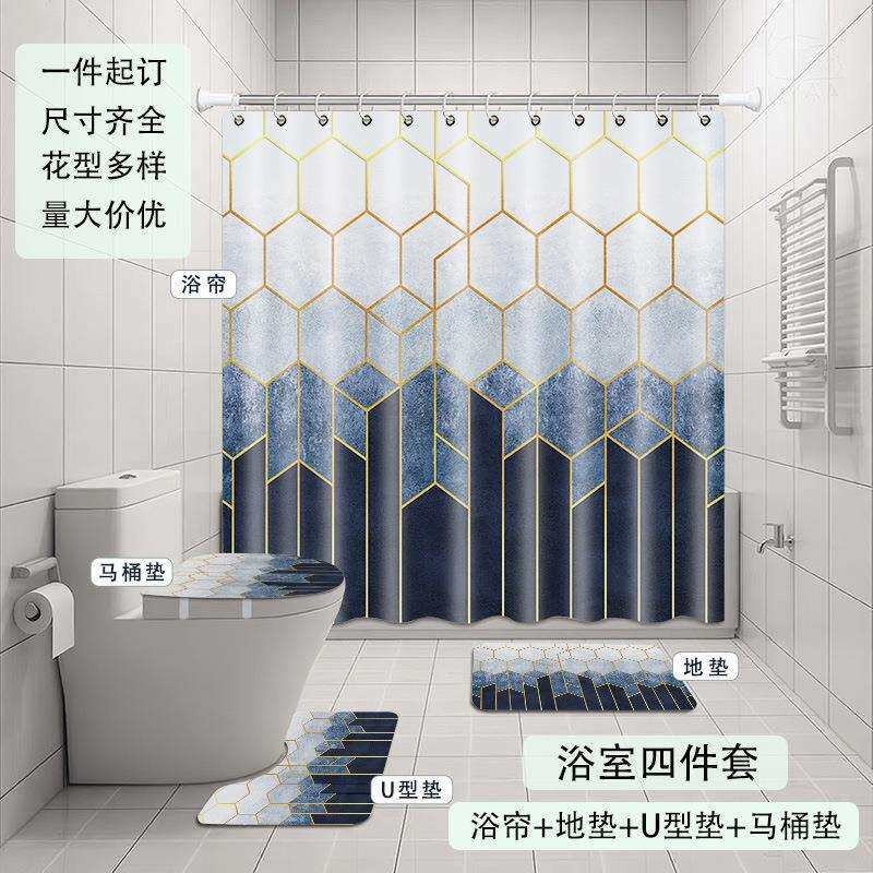 跨境数码印花浴帘 防水防霉淋浴隔断帘浴室四件套可来图