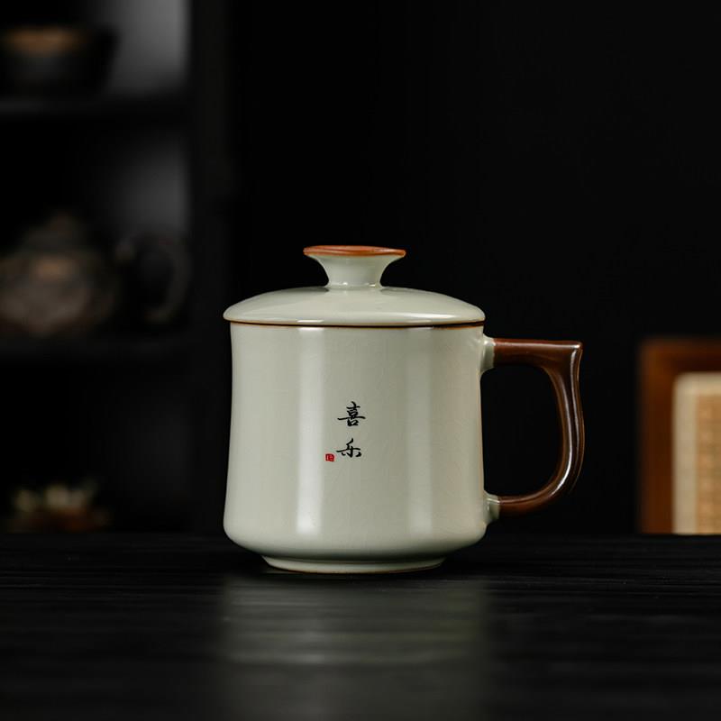 汝窑茶杯个人专用高档大容量带盖子泡茶杯家用办公喝茶水杯