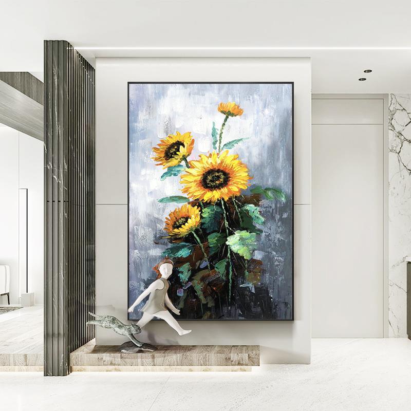 手绘抽象油画挂画现代简约走廊玄关花卉壁画手工立体向日葵装饰画