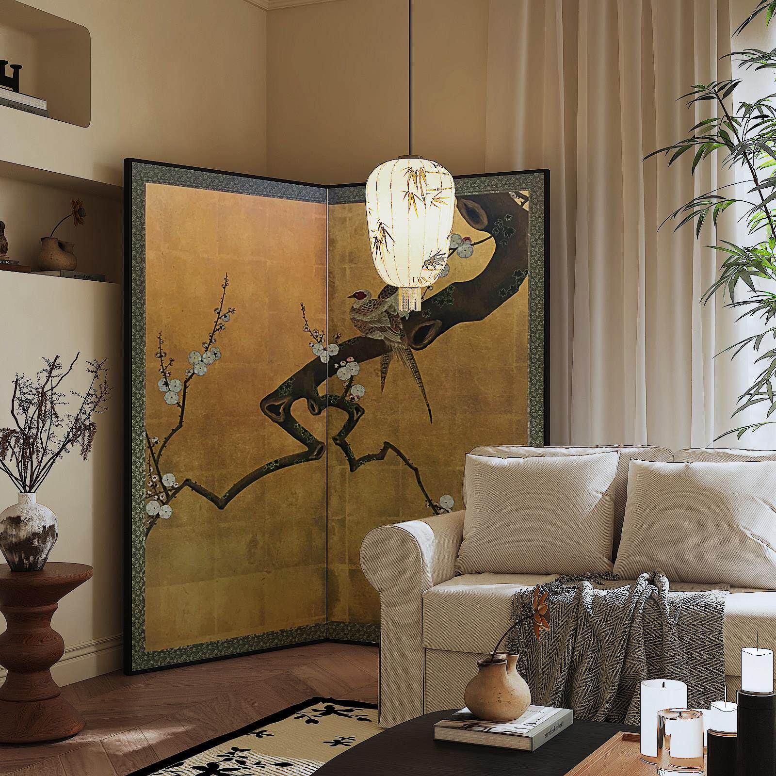 中古金箔布屏风漆画隔断客厅办公茶室背景墙民宿移动折屏手绘梅花
