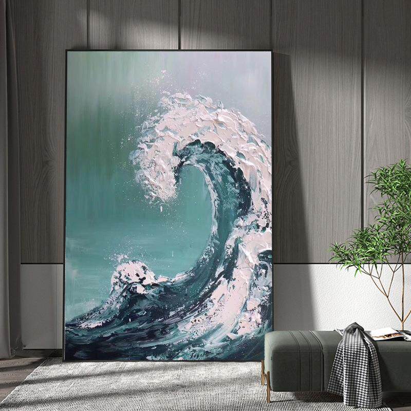 纯手绘海浪油画现代简约客厅玄关装饰画厚肌理画蓝色海竖版挂画