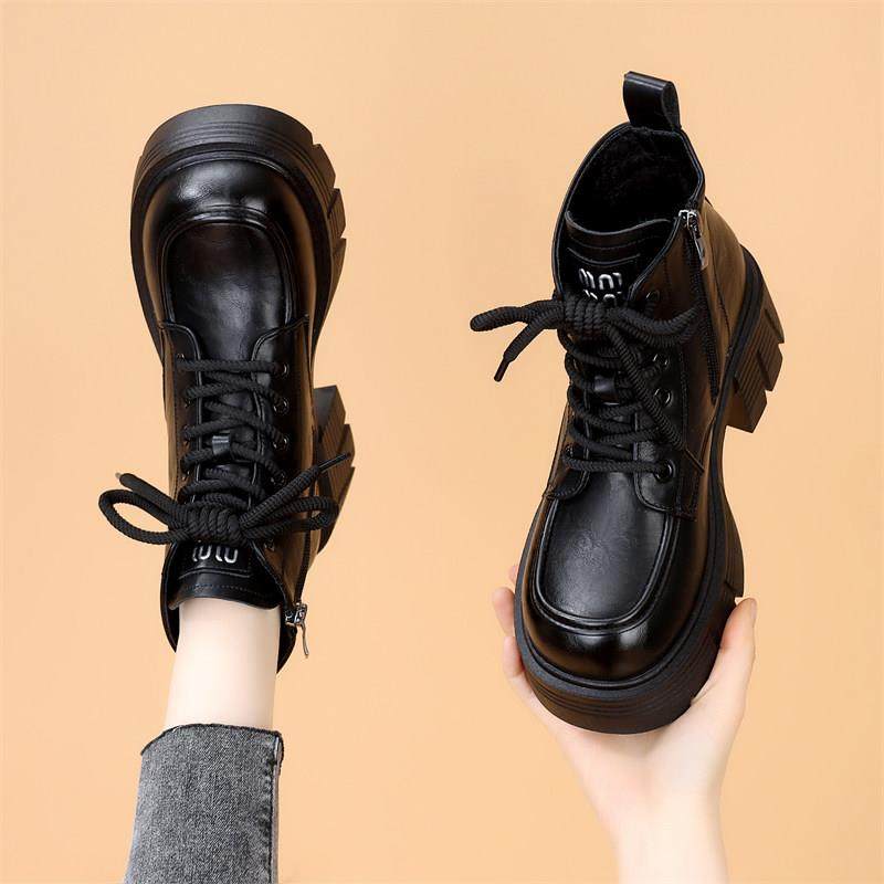 小个子增高英伦炸街短靴女2024冬季新款粗跟时尚显脚小薄绒马丁靴