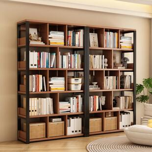 实木书架置物架多层收纳架钢制木格子书柜客厅储物架家用靠墙架子
