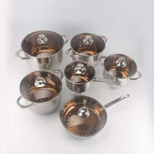 出口不锈钢十二件套锅具管耳复底汤锅12pcs cookware set pot