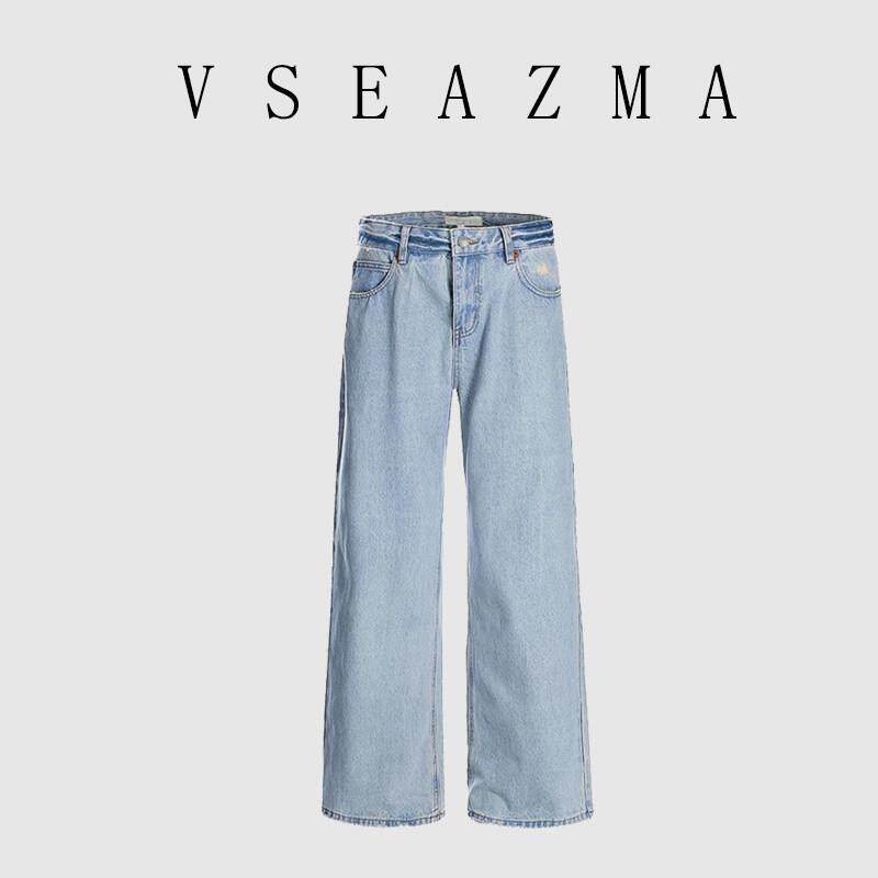 VSEAZMA复古水洗做旧清水蓝微喇牛仔裤男女休闲直筒宽松阔腿长裤