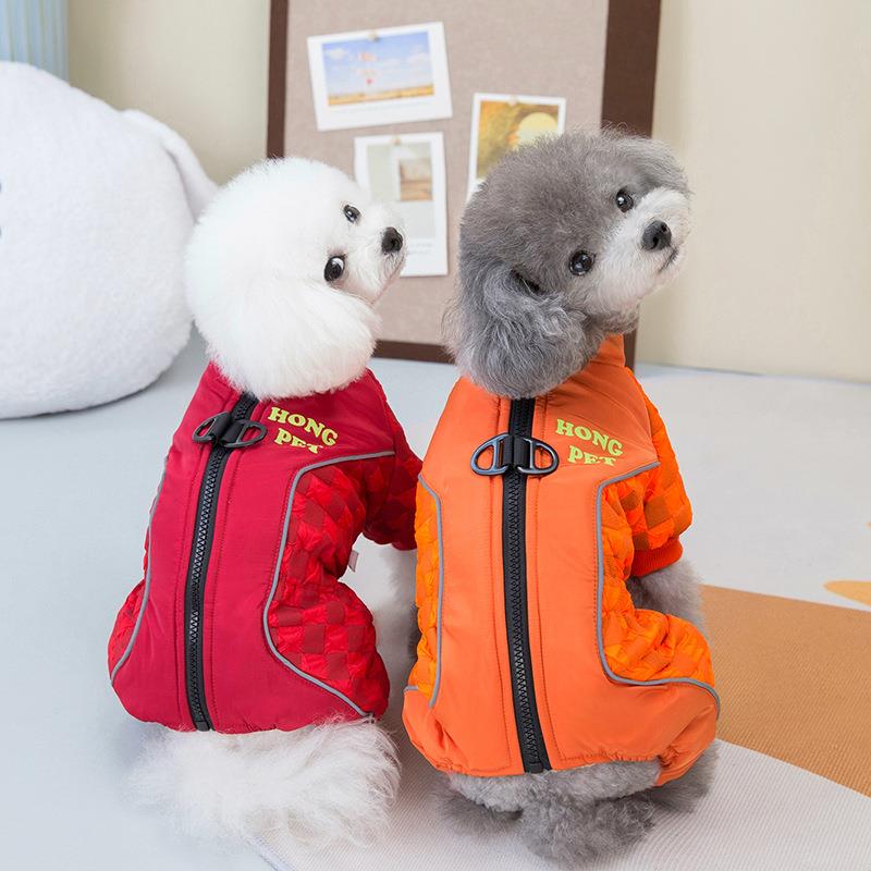 秋冬加绒狗狗猫咪衣服泰迪博美雪纳瑞小型犬四脚提花拼接拉链风衣