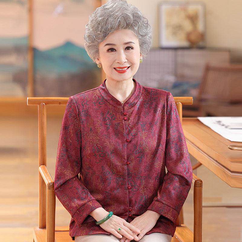 时尚中老年人奶奶秋装衬衫女开衫桑蚕丝国风妈妈立领真丝长袖上衣