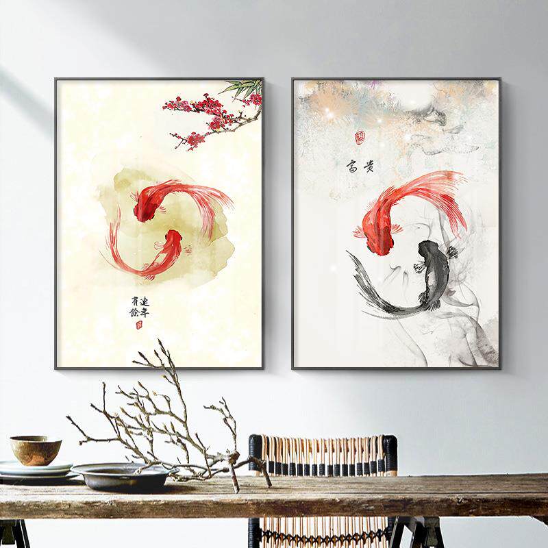 新中式表箱装挂饰画竖款高ULZ端现代国画免打孔壁电画配电箱画遮