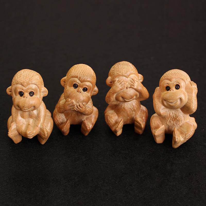 桃木四不猴子小摆件木雕十二生肖猴手把件家居客厅装饰工艺品