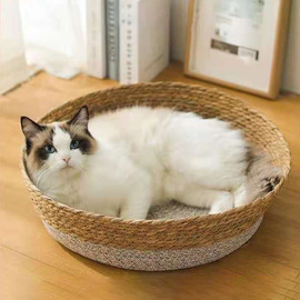 藤编猫笼蒲草猫窝网红草编狗窝猫抓板窝夏季清凉日系宠物猫窝四季