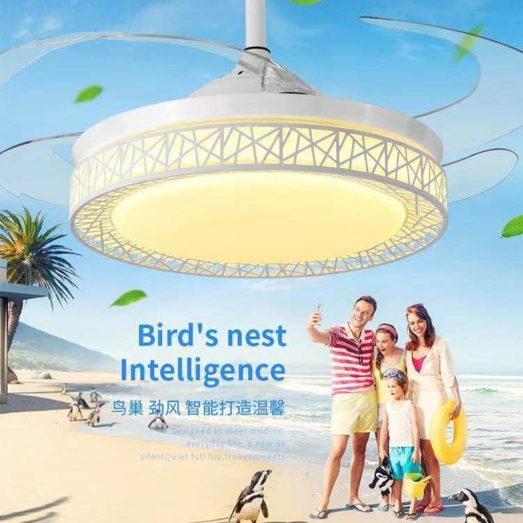 白色鸟巢隐形风扇灯厂家直销全铜电机吸顶灯大风力吊扇灯家用卧室
