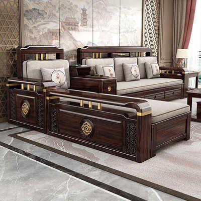 新中式多功能三人伸缩床新款紫金檀木实木折叠两用小户型沙发