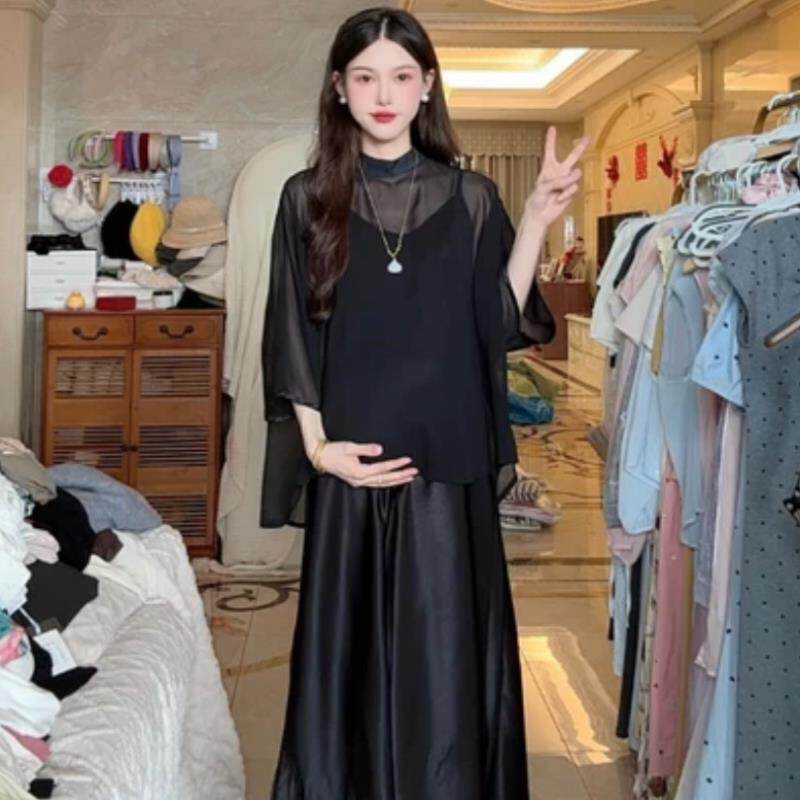 孕妇连衣裙薄2025夏装套装时尚宽松醋酸吊带裙雪纺罩衫上衣冰丝