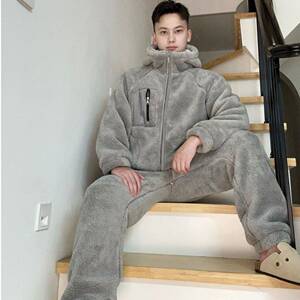 韩版侧口袋连帽拉链双面复合绒睡衣男士冬季大码可外穿加厚家居服