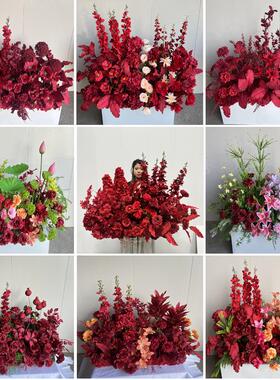 婚庆地排花红色中式订婚宴布置婚礼堂舞台路引花婚庆绢花排彷真花