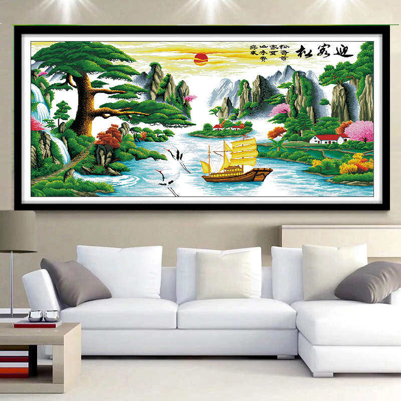 迎客松十字绣成品不带框纯手工出售已绣好2025新款客厅高端山水画