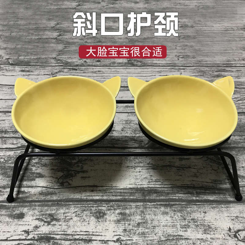 萌兽陶瓷猫碗护颈双碗斜口猫食盆狗粮盆单碗高脚架加菲猫水碗狗碗