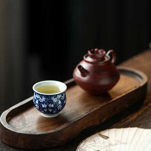 晴先生柴烧手绘原矿青花苏麻离青蓝底白描福禄纹茶杯60ml主人杯