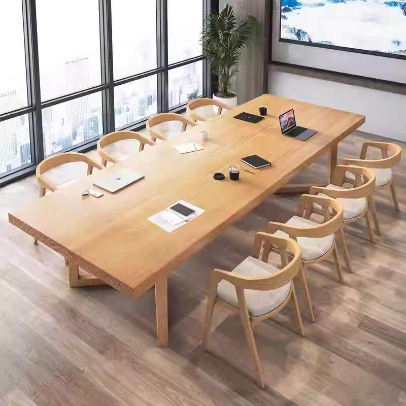 实木会议桌长桌现代简约图书馆书桌办公室原木办公桌洽谈桌椅组合