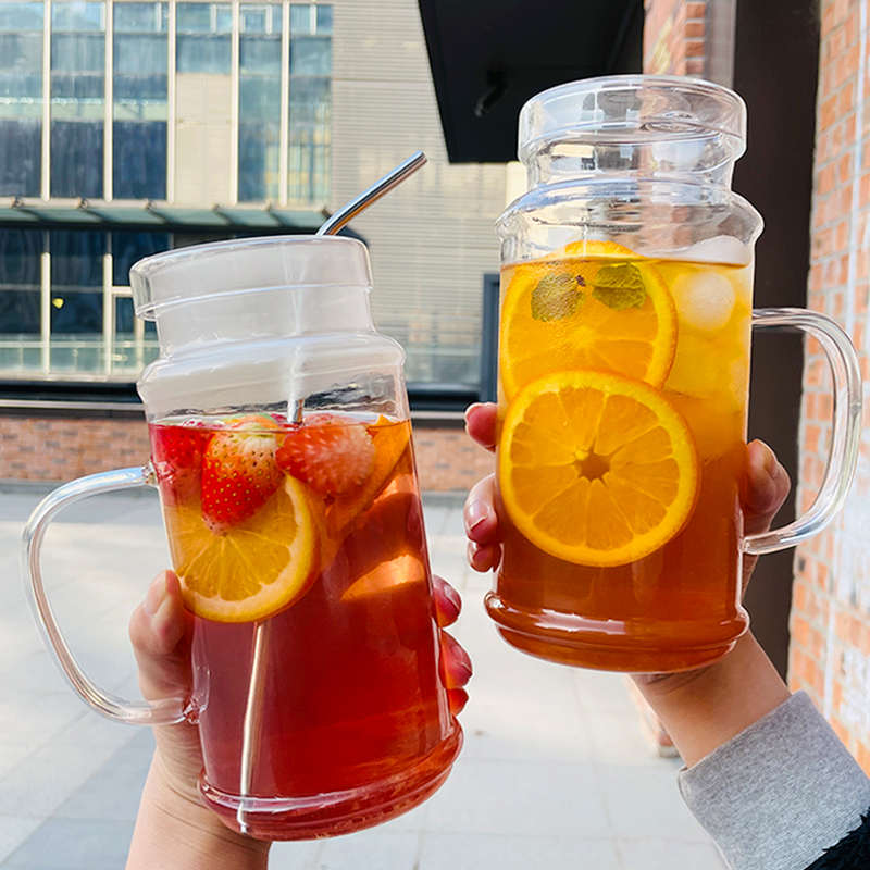 1000ml大容量玻璃杯简约纯色高颜值玻璃吸管杯家用耐高温水杯防尘