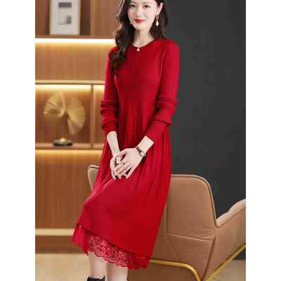 MONLOUVE2025新款秋冬季蕾丝边超好看针织连衣裙女配大衣的内搭打