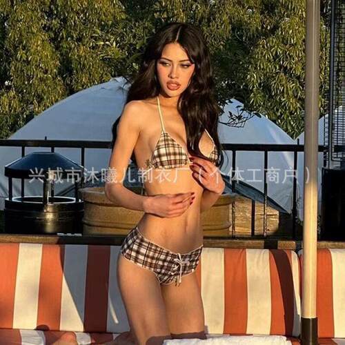 Swimsuit, bikini, checkered print, patchwork strap,