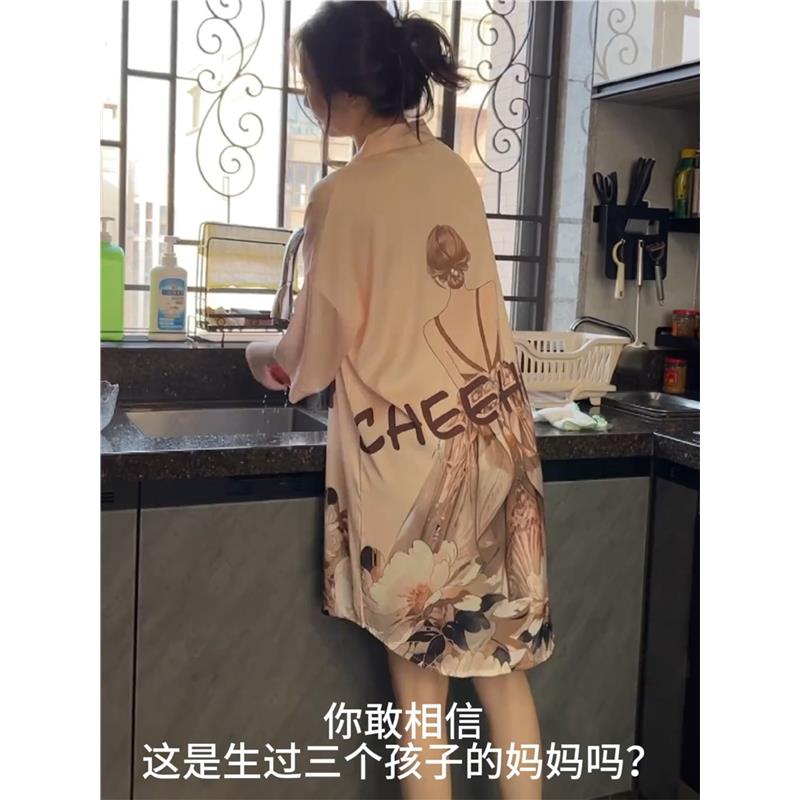 印花冰丝绸衬衫睡裙女士夏季欧货网红性感睡衣宽松轻薄款透气睡裙