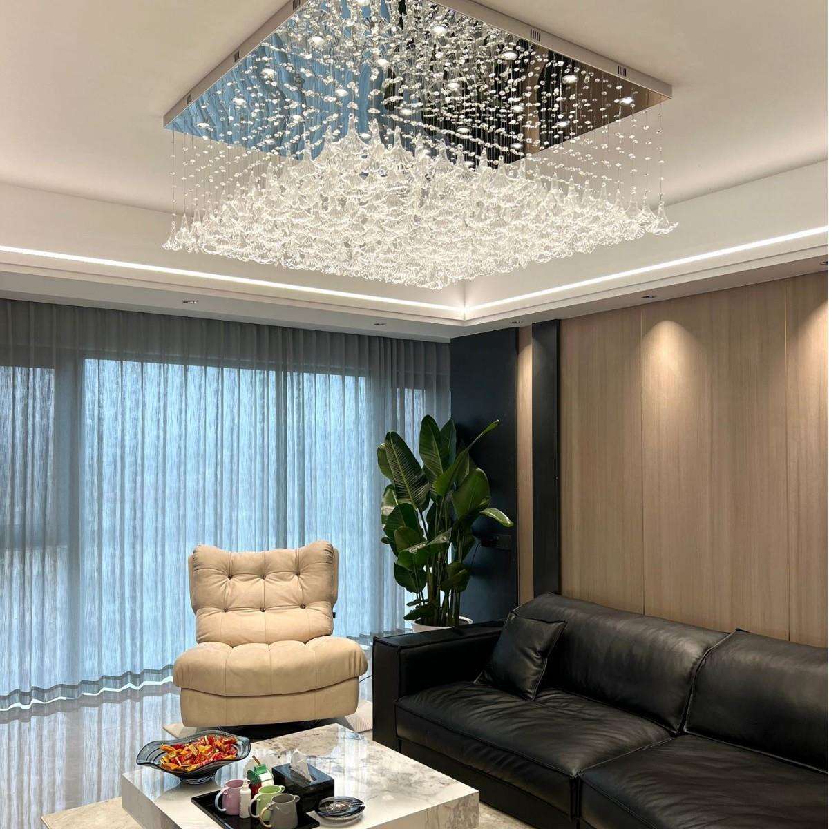 轻奢客厅方形水晶大吊灯个性酒店大平层简约宴会厅艺术玻璃灯具